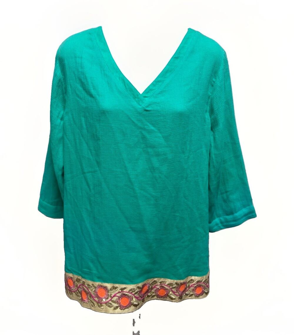 Soft Surroundings Womens L Green V Neck Tunic Top Embroidered Boho Cotton